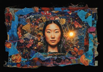 Collage portrait with nature elements and vibrant colors