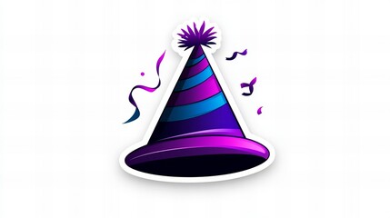 Purple and blue party hat with confetti. Festive celebration.