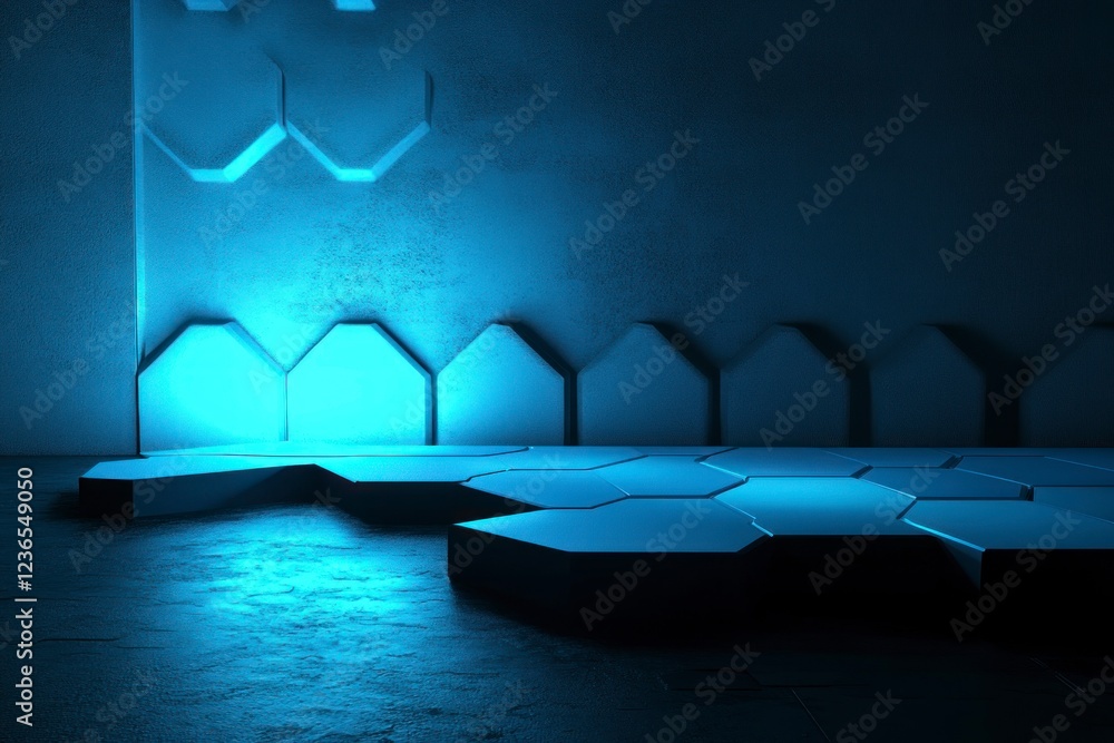 Aufkleber 3d render, abstract background with an empty black stage and a glowing blue hexagon shape on the flo