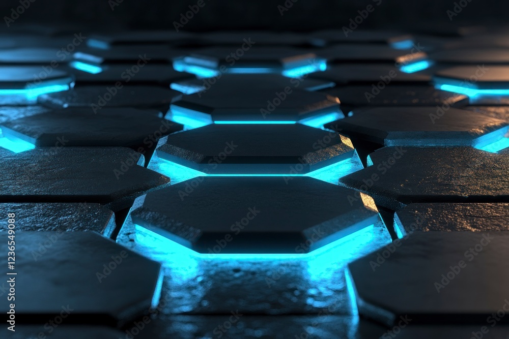 Poster 3d render, abstract background with an empty black stage and a glowing blue hexagon shape on the flo