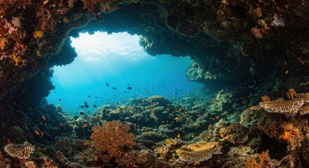 Obraz premium Vibrant coral reef underwater scene with sunlight and diverse marine life