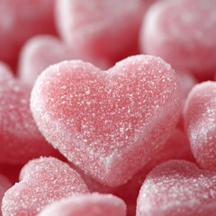 Close-up of pink candy hearts with a sparkling sugar coating perfect for Valentine's Day or any sweet occasion.