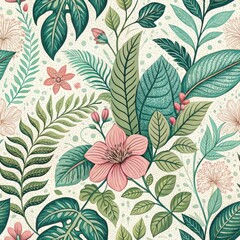 Colorful botanical garden pattern with detailed floral and leaf motifs