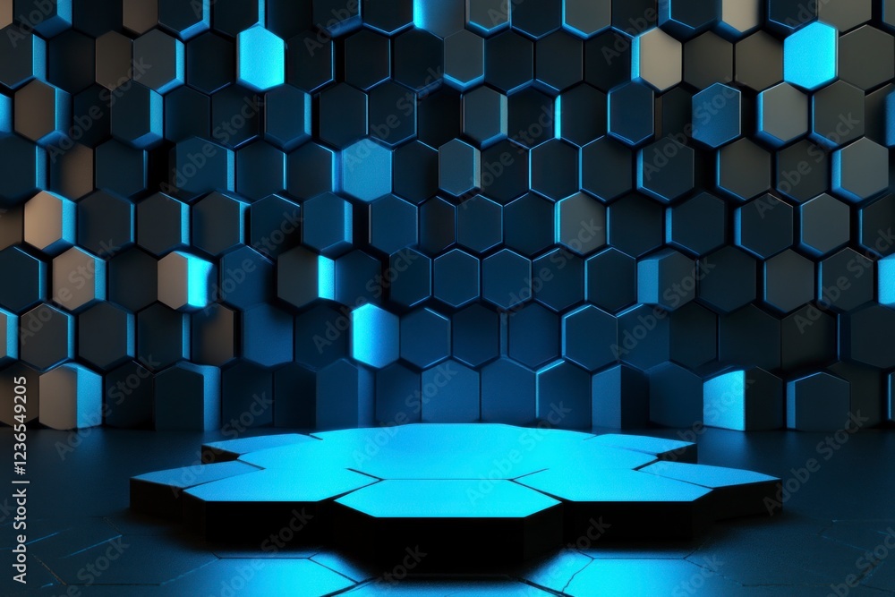 Aufkleber 3d render, abstract background with an empty black stage and a glowing blue hexagon shape on the flo