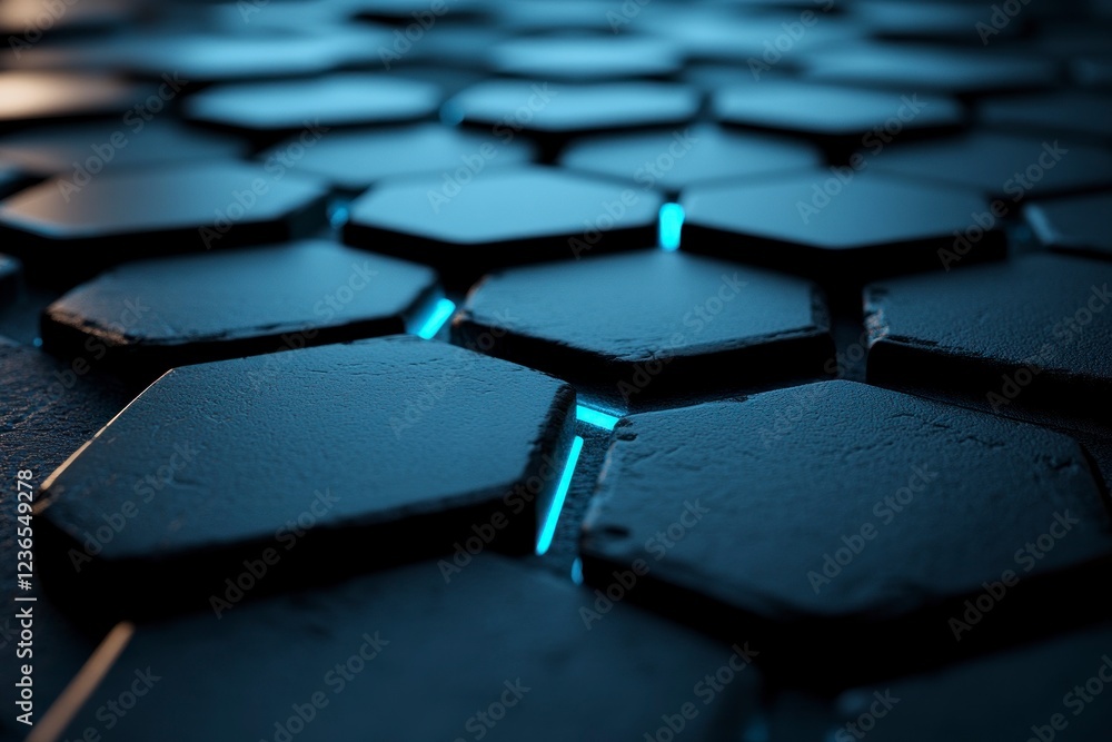 Poster 3d render, abstract background with an empty black stage and a glowing blue hexagon shape on the flo