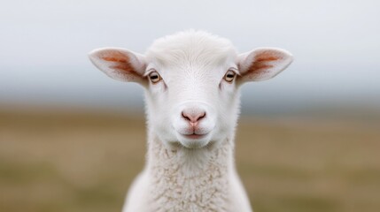 Obraz premium Lamb stares, field background, pastoral scene, farm animal portrait