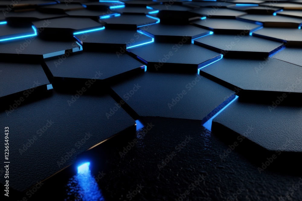 Poster 3d render, abstract background with an empty black stage and a glowing blue hexagon shape on the flo