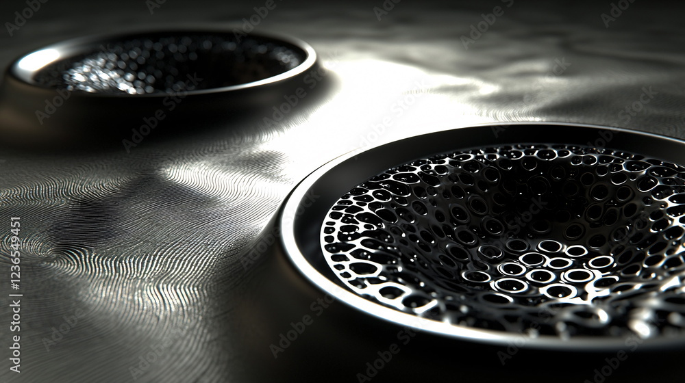 Poster black and silver abstract design featuring two circular depressions filled with intricate patterns, 