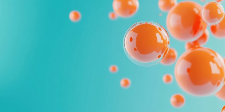 Falling orange balls in the blue background. Background 3D render with space for text.