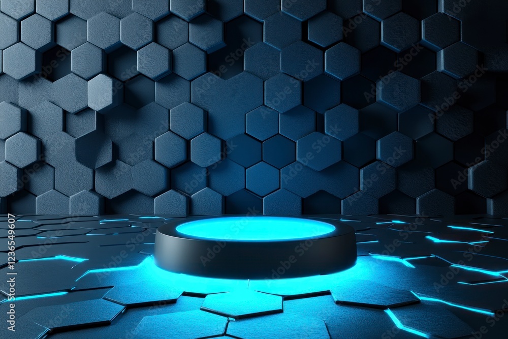 Poster 3d render, abstract background with an empty black stage and a glowing blue hexagon shape on the flo