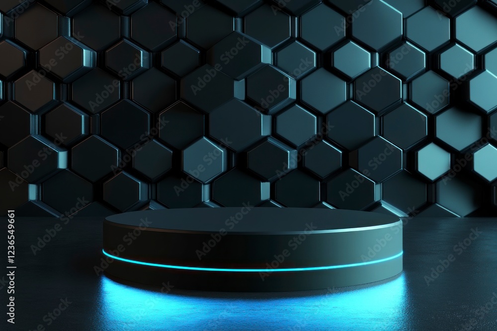 Poster 3d render, abstract background with an empty black stage and a glowing blue hexagon shape on the flo