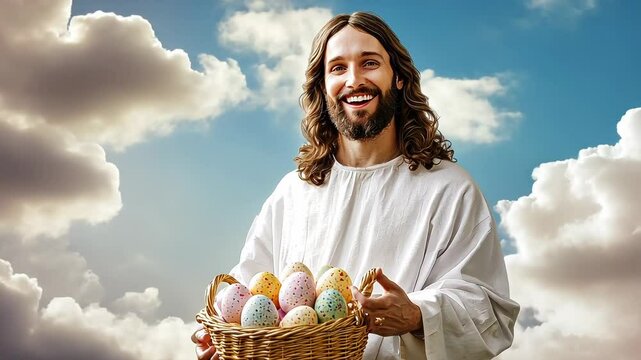 Jesus holding a basket full of colorful Easter eggs cloud blue sky background Christian Christianity