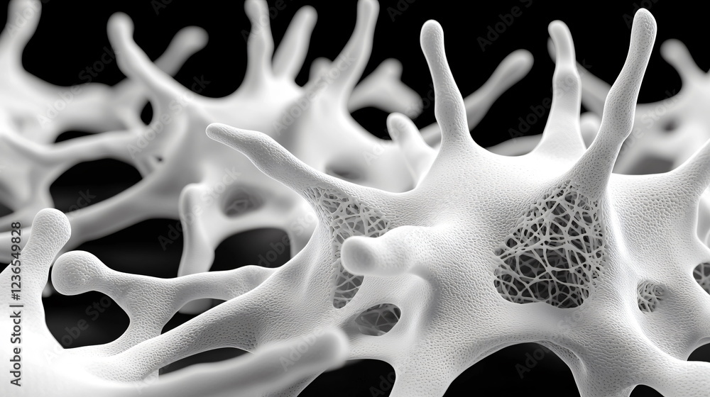 Poster white cellular structures with intricate designs on a transparent background, resembling a microscop