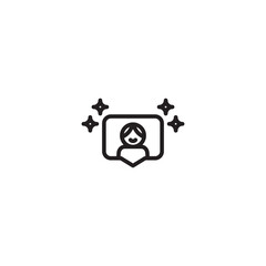 A stylized person icon inside a speech bubble, surrounded by four sparkle icons. Represents a positive comment, glowing feedback, a popular profile, or a celebrated individual online.