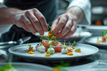 close up horizontal image of a fine dining chef finishing to plate a fancy dish
