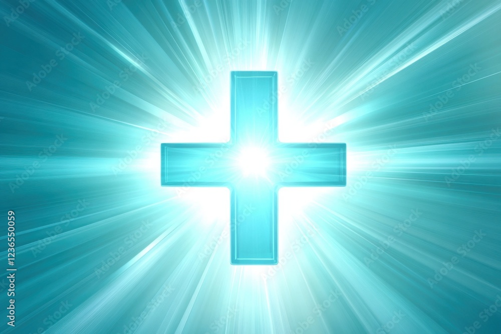 Poster subtle cross icon with light rays on clean background