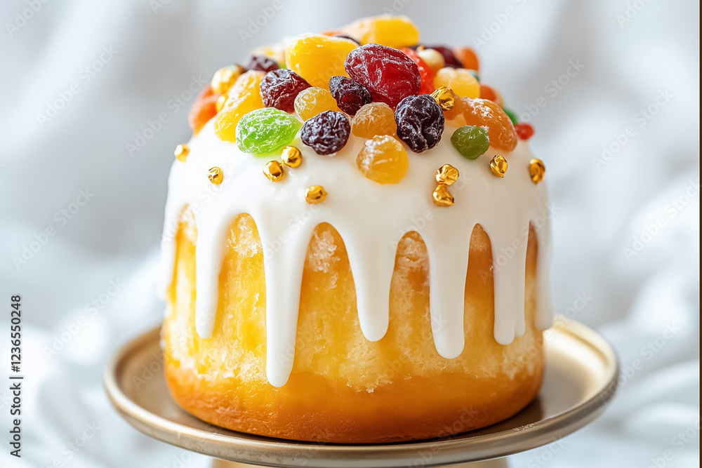 Aufkleber a macro capture of an easter kulich featuring glossy icing and an array of vibrant dried fruits. the