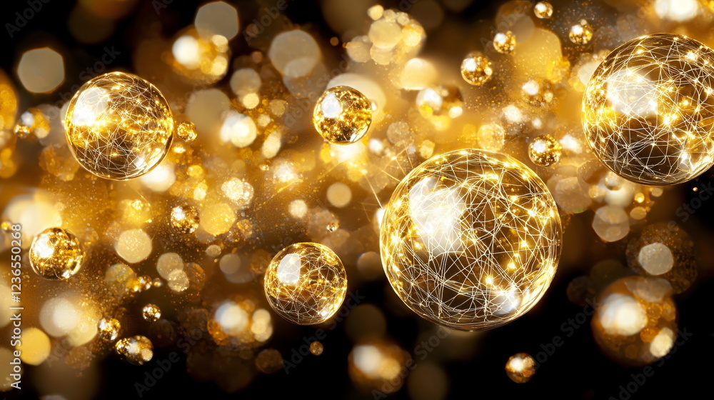 Aufkleber golden bubbles floating in a shimmering abstract background filled with lights and sparkles creating