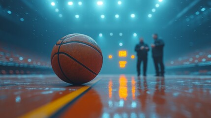 Obraz premium Basketball on court, coaches in background, arena lights.