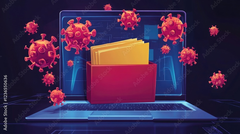 Poster document folder icon on laptop with visible viruses: cybercrime warning
