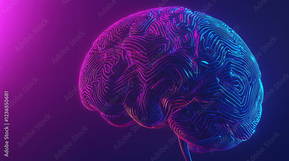 Poster neon brain design with intricate line patterns glowing against a vibrant purple and blue background,