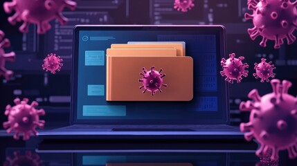 Flat Cartoon Style: Document Folder on Laptop with Viruses and Cybersecurity Alert