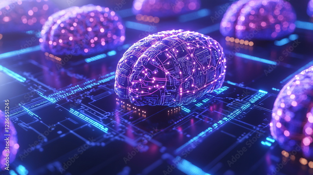 Poster neural network brain models illuminated in purple and blue tones on a futuristic digital circuit boa