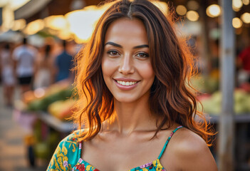 Fototapeta premium Lifestyle headshot portrait photo of a person: A woman in a colorful dress smiles at the camera.