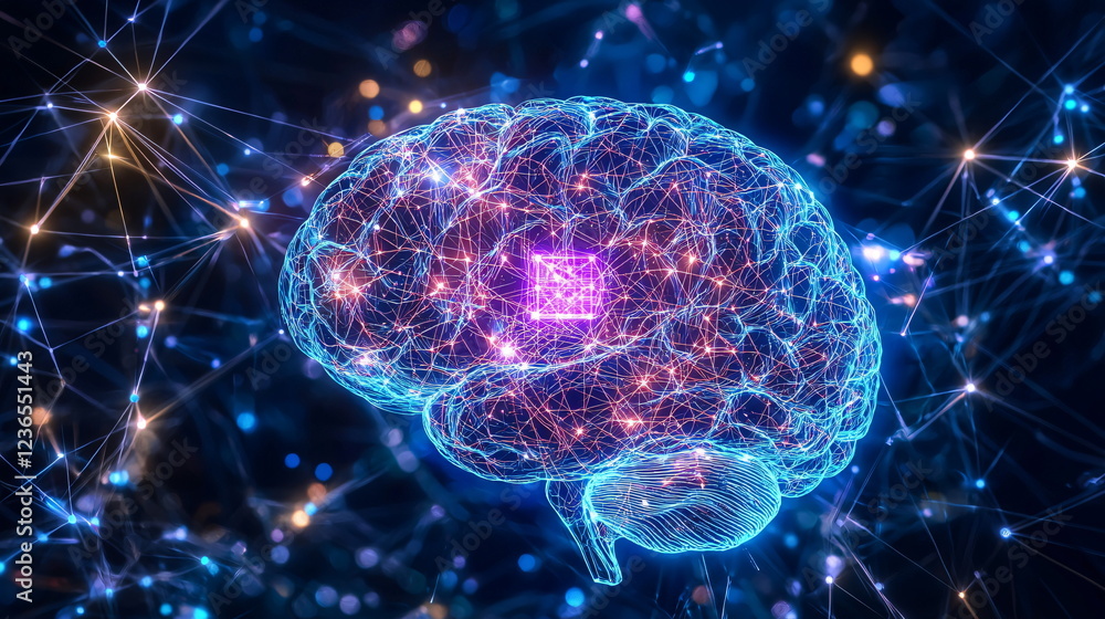 Aufkleber neon brain illustration with interconnected nodes and lights showcasing digital intelligence and neu