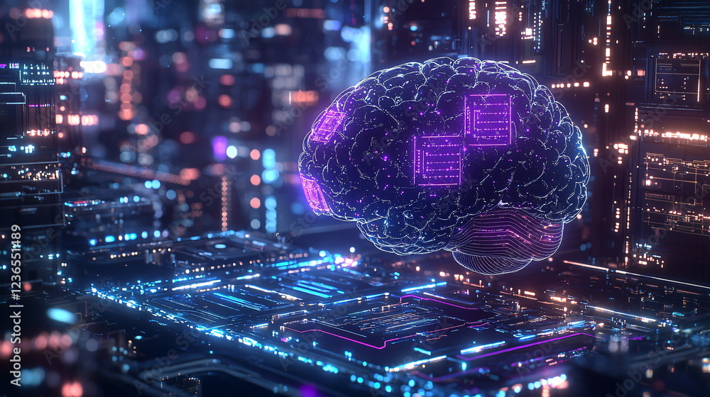 Aufkleber futuristic digital brain hovering over a circuit board, illuminated by neon lights with glowing elem
