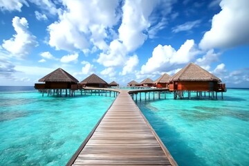 Fototapeta premium The long wooden bridge leads to the Maldives, with an endless sea and turquoise water. In front of it is a row of overwater bungalows. 
