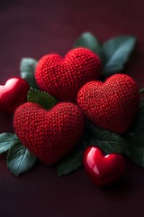 Obraz premium Knitted Hearts Nestled On Leaves For Valentine'S Day.