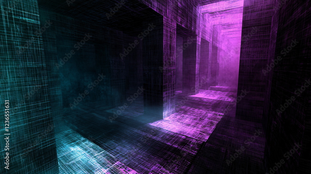 Poster mysterious digital corridor illuminated with vibrant purple and teal colors, surrounded by abstract 