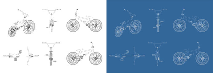 Set Outline of  BMX Bicycle technical drawing line art. Front, back, side, top view. Extreme bike industrial draw.  blueprint Vector illustration isolated on transparent background