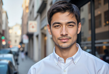 Fototapeta premium Lifestyle headshot portrait photo of a person: A man in a white shirt standing on a city street.