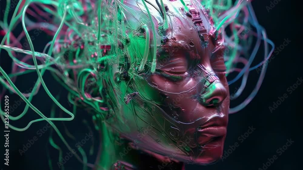 Poster The head of an AI robot, complete with wires and circuits, against a dark background. The scene is lit with neon pink lights, creating dramatic shadows that highlight the intricate details on his face
