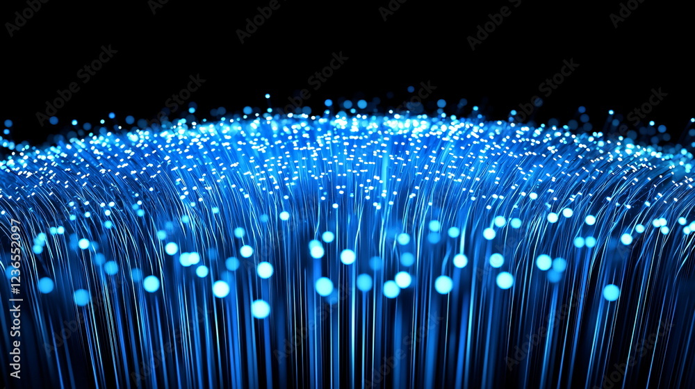 Poster glowing blue strands with luminous particles floating in a dark background, resembling digital waves