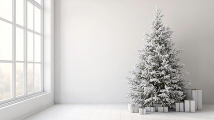 Fototapeta premium Snow-covered Christmas tree with presents in a minimalist white room.
