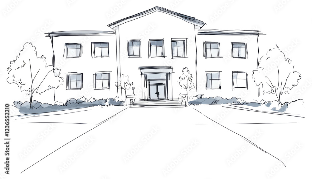 Poster a sketch of a two story building with trees