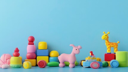 Obraz premium Colorful toy collection on blue background; includes blocks, animals, and vehicles.