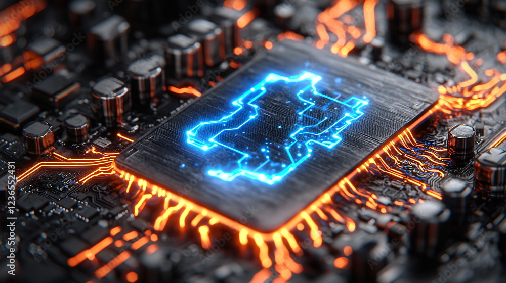 Poster electric circuit board close-up with glowing blue processor on black background, intricate design of