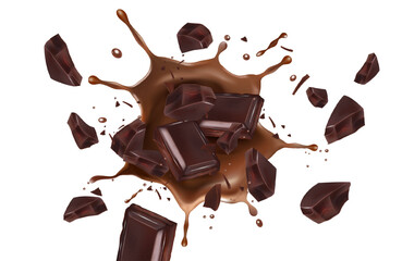 Chocolate liquid and Chocolate bar splashing in the middle isolated on white background, Vector realistic in 3d illustration. Food concepts.