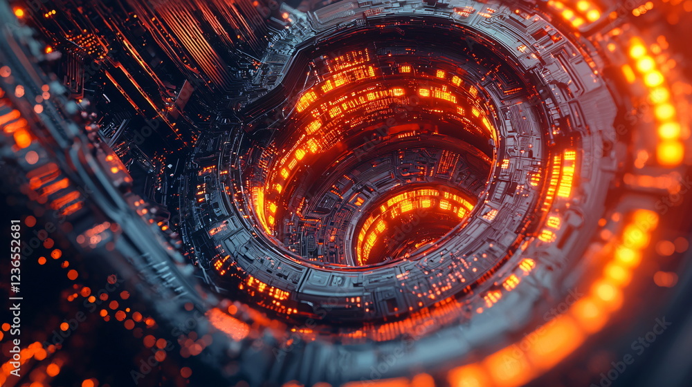 Poster swirling neon orange lights illuminate a futuristic circular structure with intricate details, creat