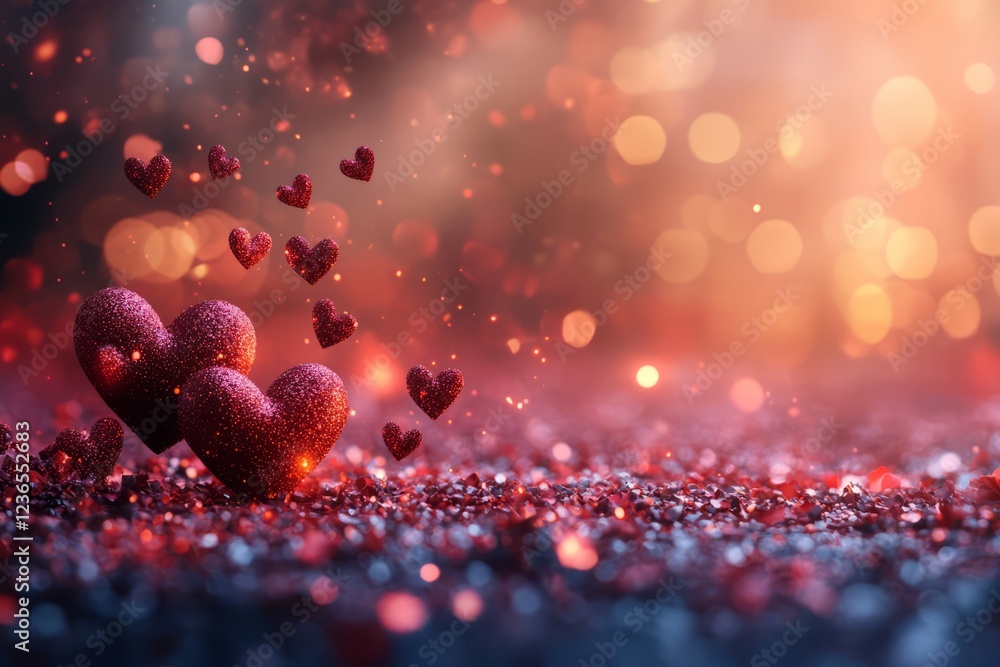 Poster two sparkling red hearts rest on a bed of glitter, surrounded by smaller hearts and a bokeh backgrou