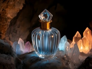 A bottle of perfume is sitting on a rock next to a pile of crystals