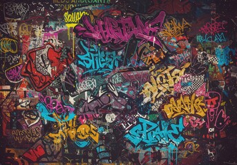 Vibrant urban street art collage with graffiti and stickers on textured wall