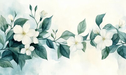 Serene watercolor jasmine vines delicate white blossoms tranquil floral arrangement
