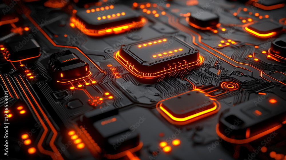 Poster bright orange circuitry with glowing lights on dark surface, showcasing intricate patterns and elect