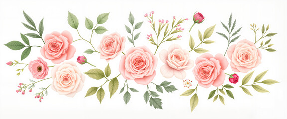 Elegant vintage botanical illustration with soft pastel roses, timeless beauty