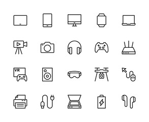 Electronic devices related vector linear icons set. Contains such icons as tablet, phone, monitor, smart watch and more.